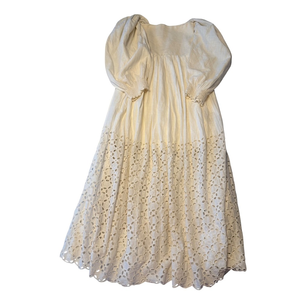 Free People Ivory Smocked Eyelet Maxi Dress Puff Sleeve Boho 86190139 Ivory S